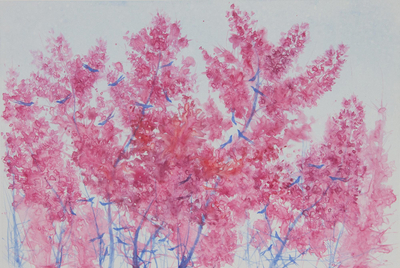 Birds on Cherry Blossoms Watercolor Monoprint from Thailand