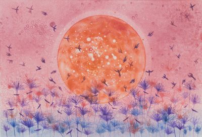 'My Home V' - Birds at Sunrise watercolour Monoprint from Thailand