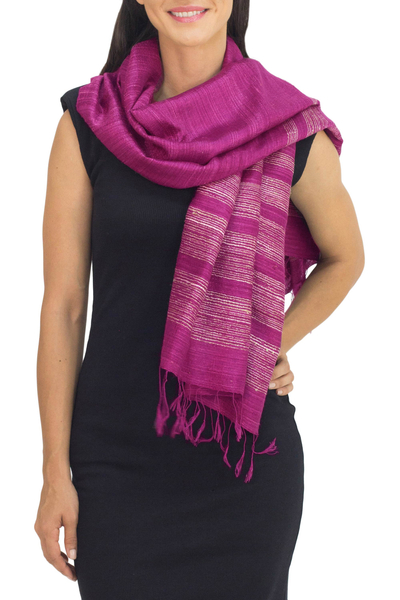 Silk scarf, 'Magenta Mystery' - Bright Magenta Hand Spun Silk Scarf from Thailand