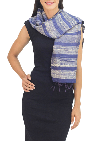 Silk scarf, 'Sapphire Mystery' - Blue and Cream Hand Spun Silk Scarf from Thailand