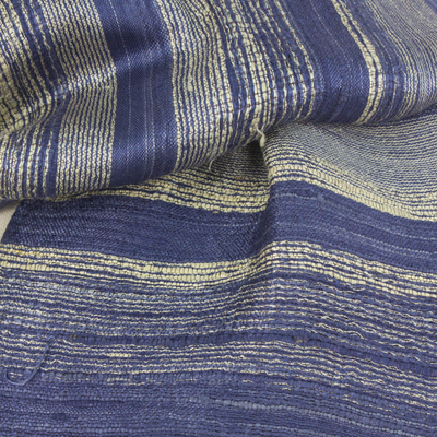 Silk scarf, 'Sapphire Mystery' - Blue and Cream Hand Spun Silk Scarf from Thailand