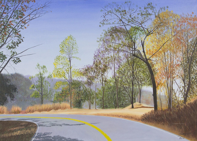 'The Curve III' - Signed Painting of Northern Thailand Winter Landscape