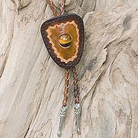 Western Style Leather Bolo Tie with Tiger's Eye Accent,'Hip Cowboy'
