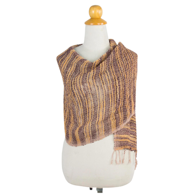 Bufanda de algodón - Bufanda de tejido abierto de algodón tejida a mano en marrón y amarillo