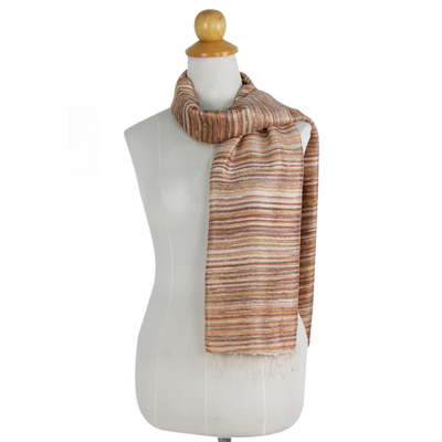 Cotton scarf, 'Autumn Melange' - Handwoven Cotton Open Weave Scarf in Brown and Yellow