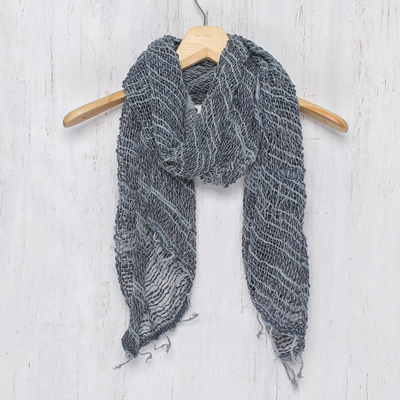 Cotton scarf, 'Winter Melange' - Blue Gray Open Weave Cotton Scarf Handmade in Thailand
