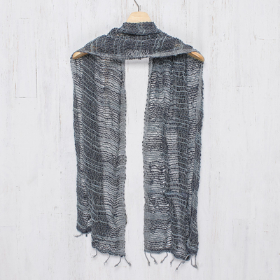 Cotton scarf, 'Winter Melange' - Blue Gray Open Weave Cotton Scarf Handmade in Thailand