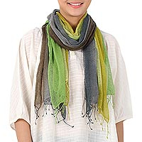 Silk scarves, 'Spring Fusion' (pair) - Handwoven Bright Green and Grey Silk Scarves (Pair)