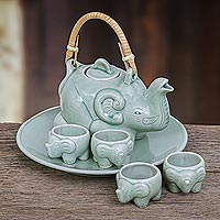 Celadon tea set, 'Green Elephant Family' (set for 4) - Elephant Theme Green Thai Celadon Tea Set for 4