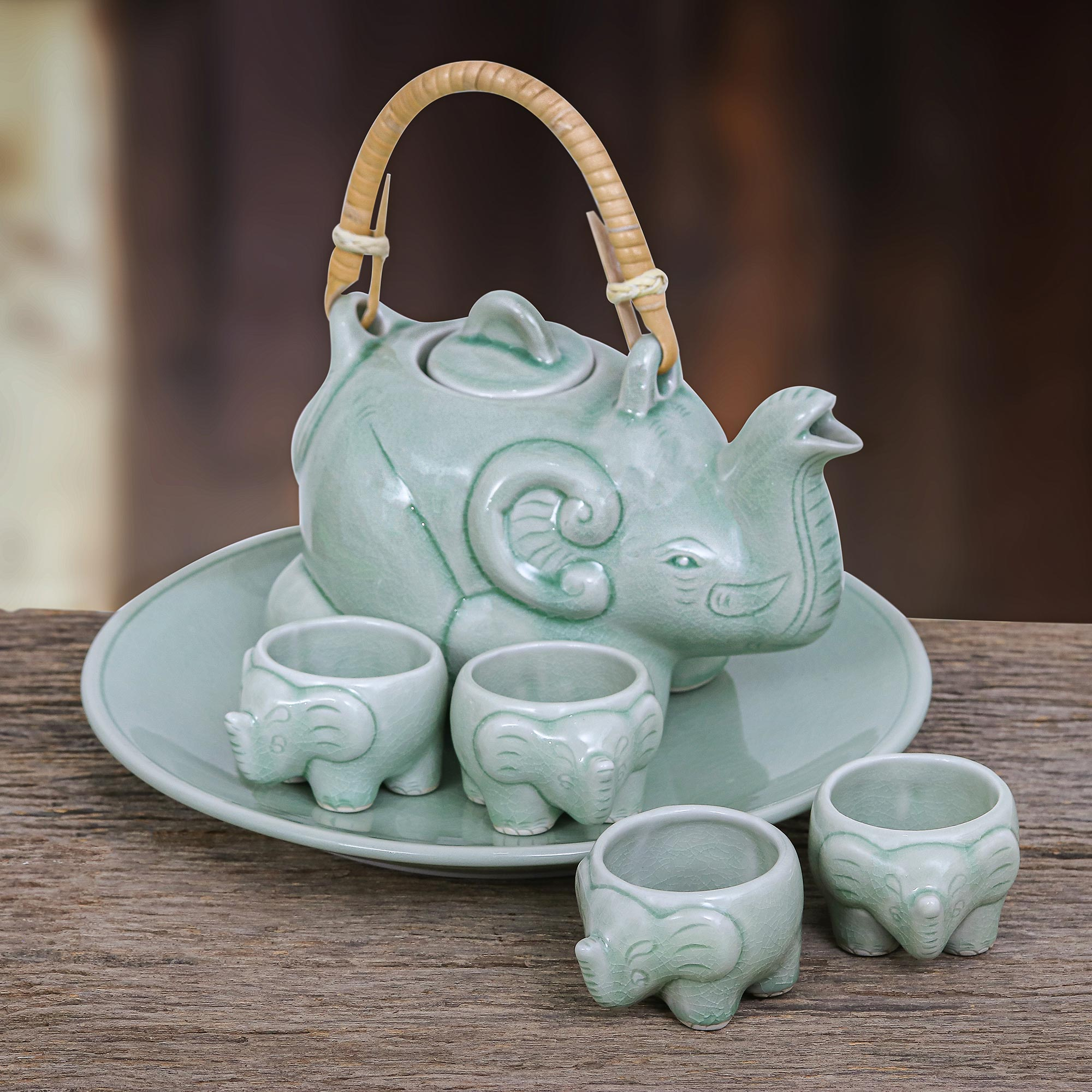 Pair of Handmade Decorative Blue Pottery Ceramic Elephant Figurine