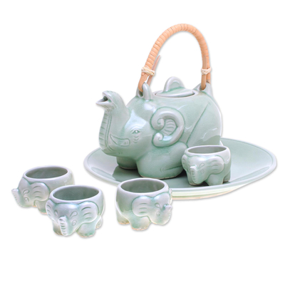 Celadon tea set, 'Green Elephant Family' (set for 4) - Elephant Theme Green Thai Celadon Tea Set for 4