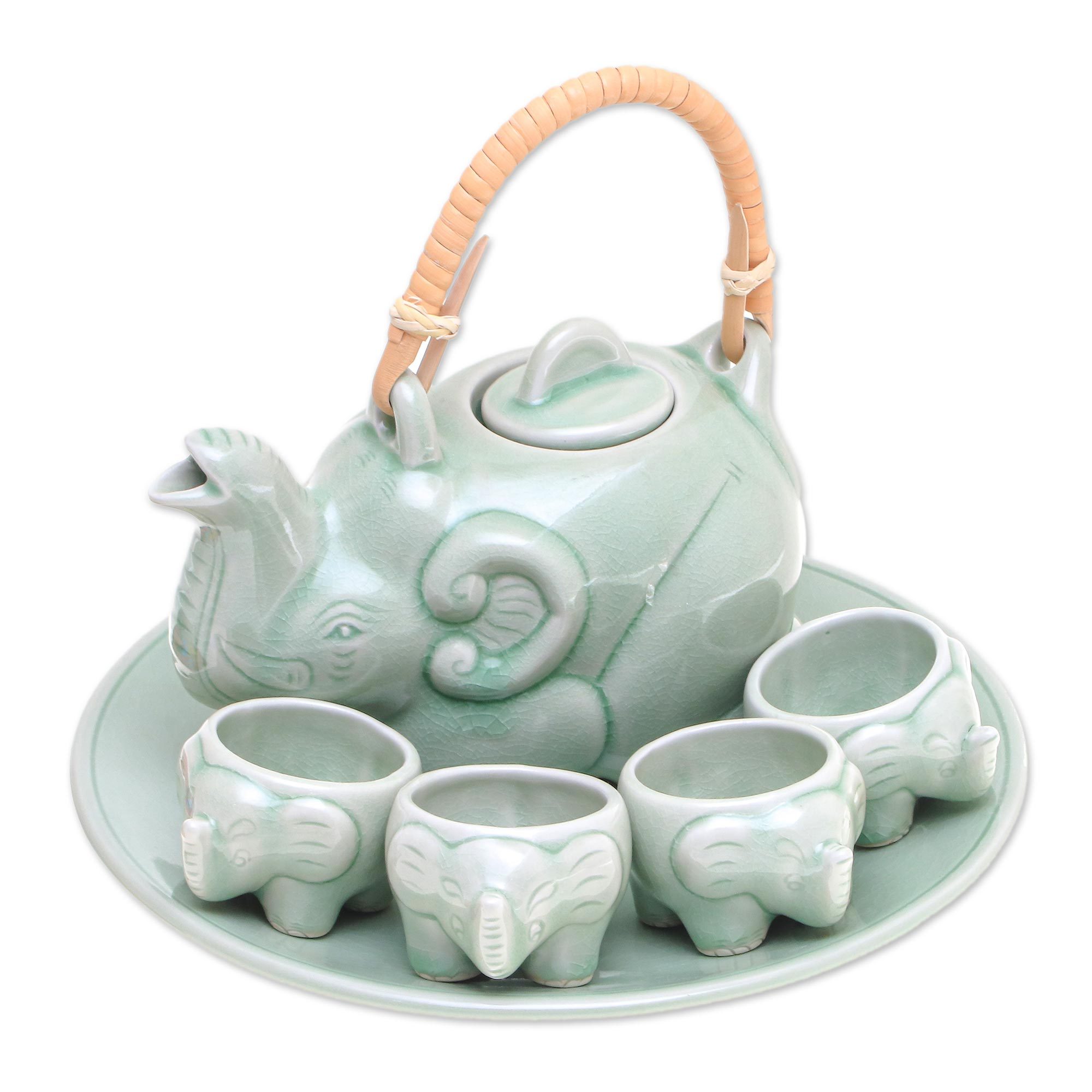UNICEF Market Elephant Theme Green Thai Celadon Tea Set for 4 Green