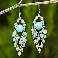 Beaded Chandelier Earrings with Blue Quartz and Glass Beads,'Brilliant Meteor'