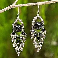 Onyx chandelier earrings, 'Brilliant Meteor'