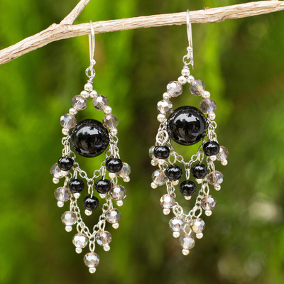 Onyx chandelier earrings, 'Brilliant Meteor' - Chandelier Style Earrings with Onyx and Glass Beads