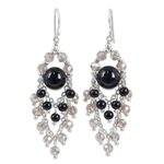 Onyx chandelier earrings, 'Brilliant Meteor' - Chandelier Style Earrings with Onyx and Glass Beads