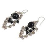 Onyx chandelier earrings, 'Brilliant Meteor' - Chandelier Style Earrings with Onyx and Glass Beads