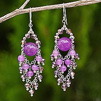 Purple Beaded Chandelier Earrings with Quartz and Glass,'Brilliant Meteor'