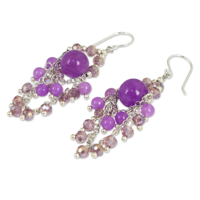 Purple quartz chandelier earrings, 'Brilliant Meteor' - Purple Beaded Chandelier Earrings with Quartz and Glass