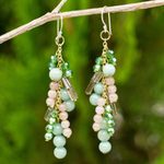 Green quartz waterfall earrings, 'Brilliant Cascade' - Quartz and Glass Bead Waterfall Earrings in Green Shades