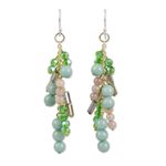 Green quartz waterfall earrings, 'Brilliant Cascade' - Quartz and Glass Bead Waterfall Earrings in Green Shades