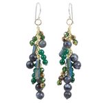 Labradorite waterfall earrings, 'Brilliant Cascade' - Waterfall Style Earrings with Labradorite and Quartz Beads