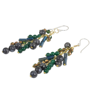 Labradorite waterfall earrings, 'Brilliant Cascade' - Waterfall Style Earrings with Labradorite and Quartz Beads