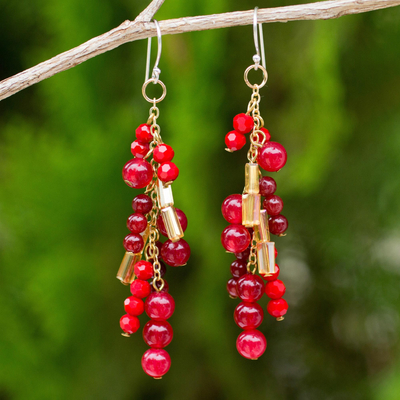 Red quartz waterfall earrings, 'Brilliant Cascade' - Beaded Red Quartz Earrings on 24k Gold Plated Chains