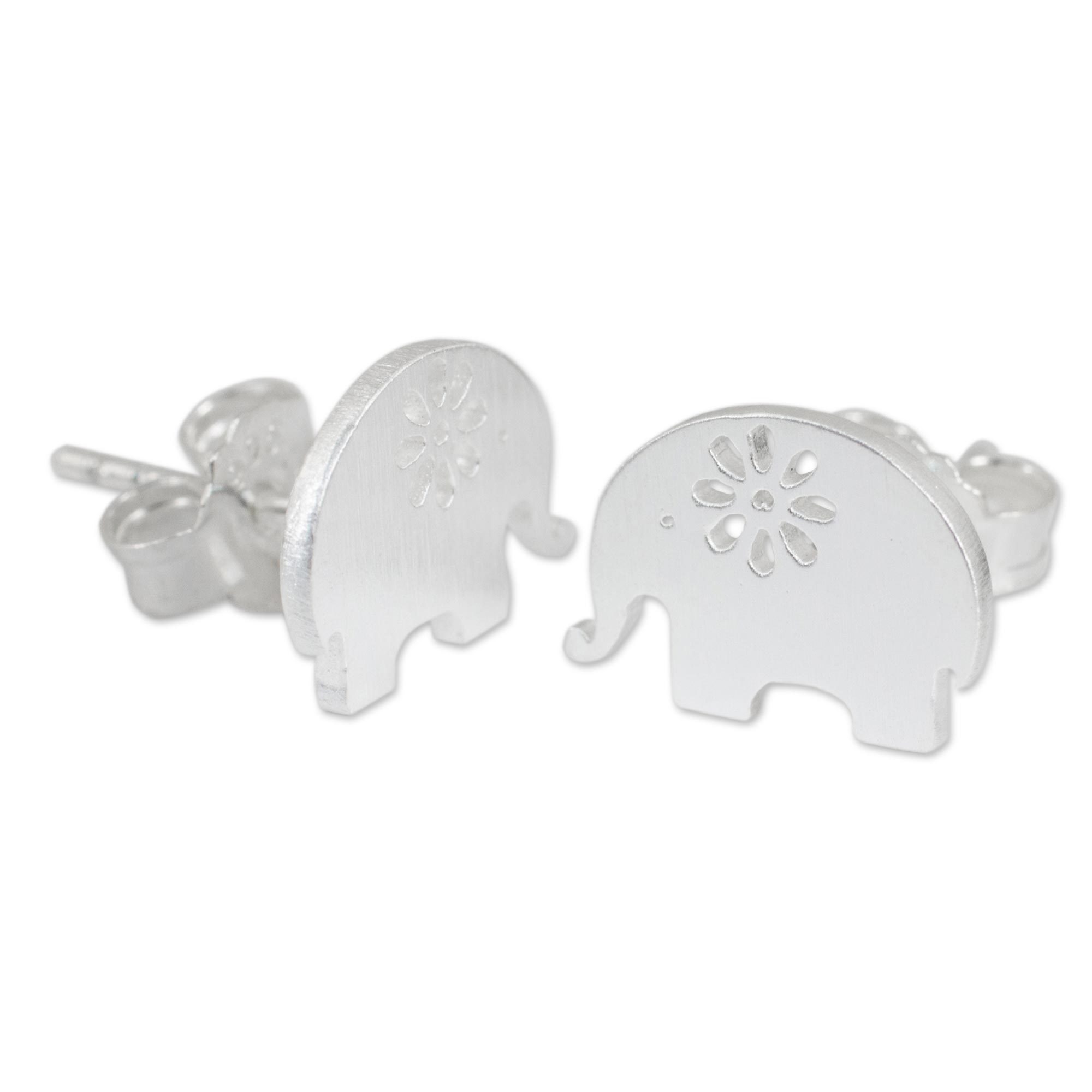 Handmade Elephant Stud Earrings in Sterling Silver Blooming Elephants