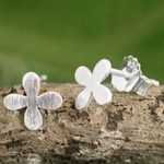 Sterling silver stud earrings, 'Clover for Luck' - Brushed Sterling Silver Stud Earrings with Clover Motif