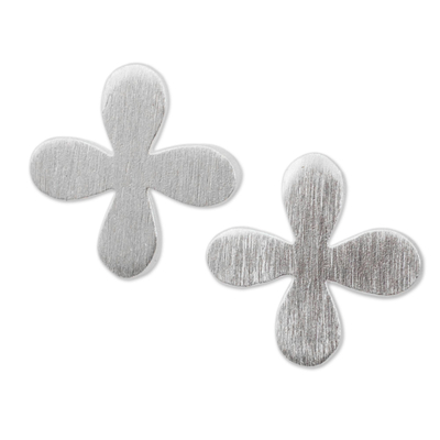 Brushed Sterling Silver Stud Earrings with Clover Motif