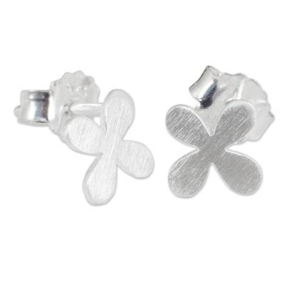 Sterling silver stud earrings, 'Clover for Luck' - Brushed Sterling Silver Stud Earrings with Clover Motif