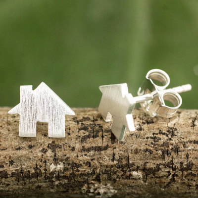 Sterling silver stud earrings, 'Home Sweet Home' - Brushed Silver Earrings in House Shape from Thai Artisan