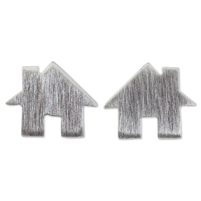 Sterling silver stud earrings, 'Home Sweet Home' - Brushed Silver Earrings in House Shape from Thai Artisan