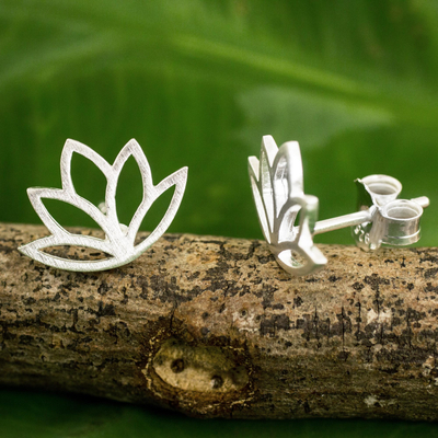 Sterling silver button earrings, 'Sunrise Lotus' - Brushed Sterling Silver Lotus Flower Button Earrings