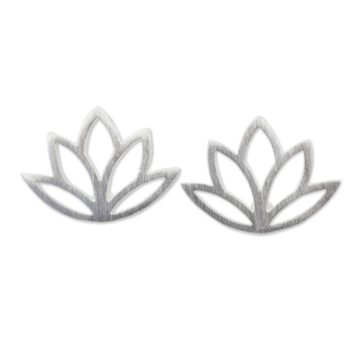 Sterling silver button earrings, 'Sunrise Lotus' - Brushed Sterling Silver Lotus Flower Button Earrings