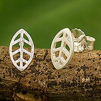 Sterling silver stud earrings, 'Modern Leaf'