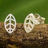 Sterling silver stud earrings, 'Modern Leaf' - Contemporary Brushed Sterling Silver Leaf Stud Earrings