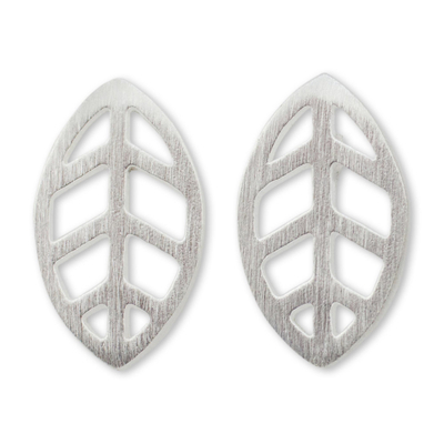 Sterling silver stud earrings, 'Modern Leaf' - Contemporary Brushed Sterling Silver Leaf Stud Earrings