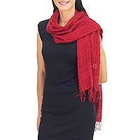 Silk scarf, 'Summer Ruby' - Coarse Textured Red Silk Scarf Handwoven in Thailand