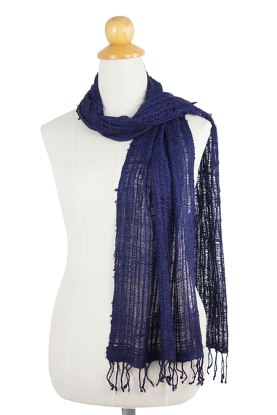 Pañuelo de seda - Bufanda tailandesa de seda cruda de tejido abierto en azul zafiro