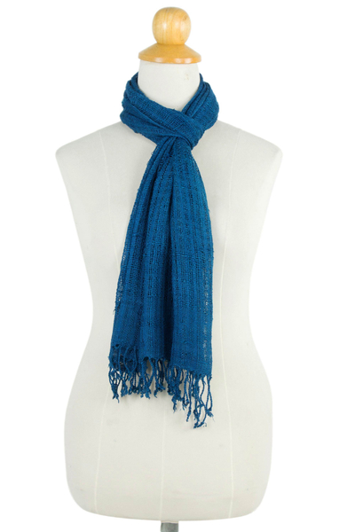 Silk scarf, 'Summer Teal' - Teal Silk Scarf Crafted from Hand Spun Yarns in Thailand