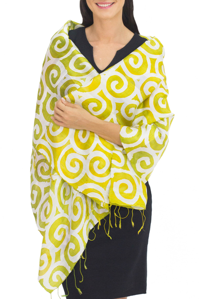 Silk shawl, 'Chartreuse Thai Maze' - Bright Chartreuse and White Spiral Motif Silk Shawl