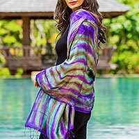 Silk shawl, 'Colorful Thai River' - Purple and Green Tie Dyed Silk Shawl from Thailand