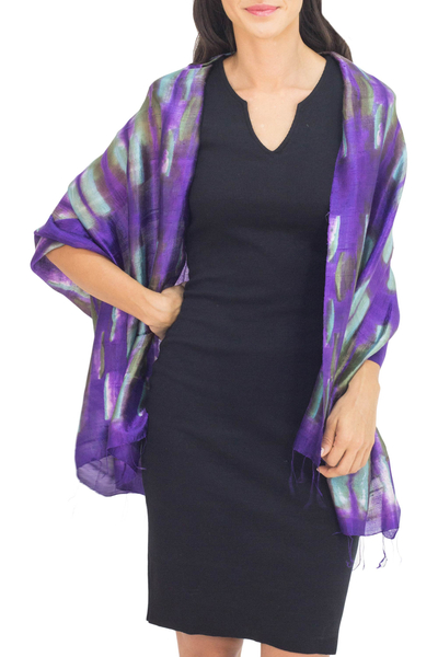 Silk shawl, 'Colorful Thai River' - Purple and Green Tie Dyed Silk Shawl from Thailand