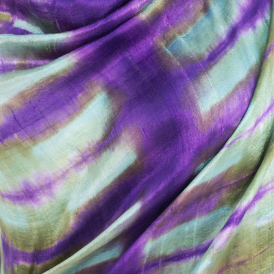 Silk shawl, 'Colorful Thai River' - Purple and Green Tie Dyed Silk Shawl from Thailand