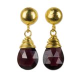 Gold plated garnet dangle earrings, 'Crimson Sunrise' - 24k Gold Plated Sterling Silver and Garnet Dangle Earrings