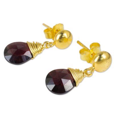 Gold plated garnet dangle earrings, 'Crimson Sunrise' - 24k Gold Plated Sterling Silver and Garnet Dangle Earrings