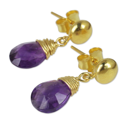 24k gold plated amethyst dangle earrings, 'Violet Sunrise' - Amethyst Briolette Earrings in 24k Gold Plated 925 Silver