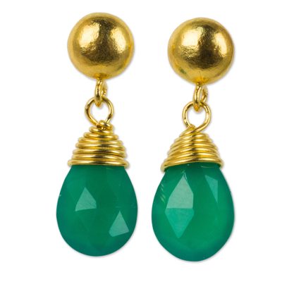 24k gold plated chalcedony dangle earrings, 'Verdant Sunrise' - Green Chalcedony Earrings in Gold Plated Sterling Silver
